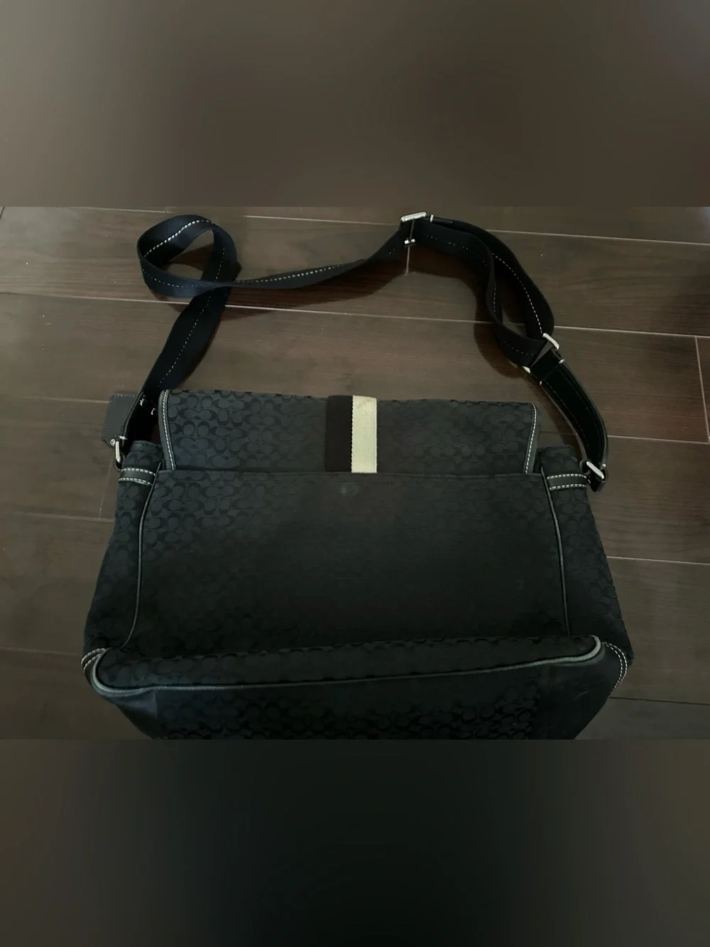 Coach Black Signature Messenger Bag with Cream Stripe
